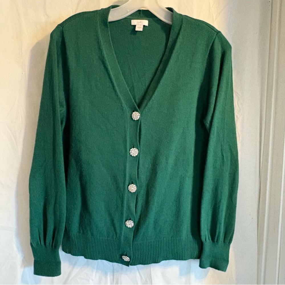J Jill Green Cardigan Women’s Sz Small Bling Jeweled Buttons Ribbed Office